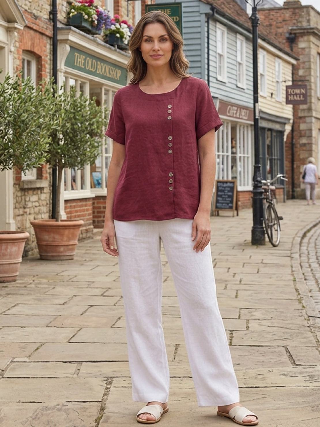 Linned Top Dame med Knapper – Løs Bluse med Korte Ærmer