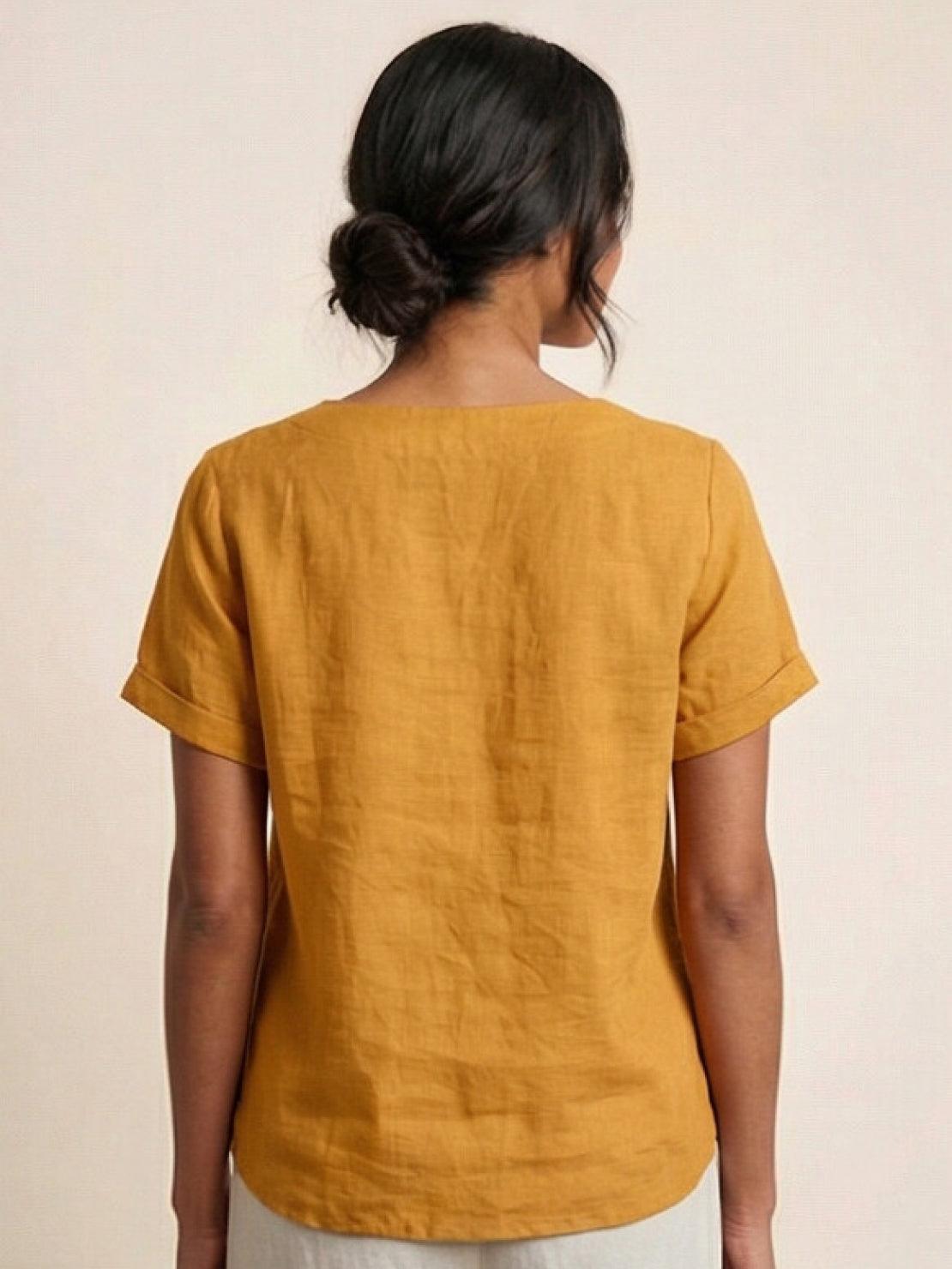 Linned Top Dame med Knapper – Løs Bluse med Korte Ærmer