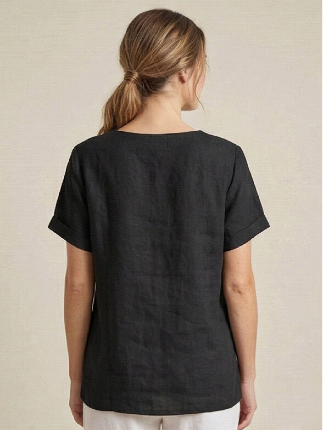 Linned Top Dame med Knapper – Løs Bluse med Korte Ærmer