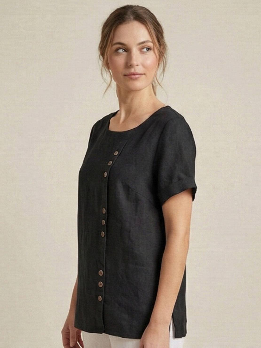Linned Top Dame med Knapper – Løs Bluse med Korte Ærmer