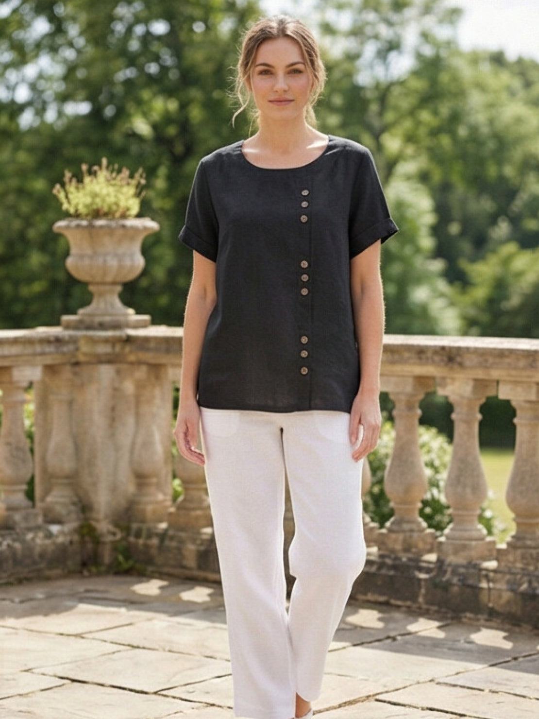 Linned Top Dame med Knapper – Løs Bluse med Korte Ærmer