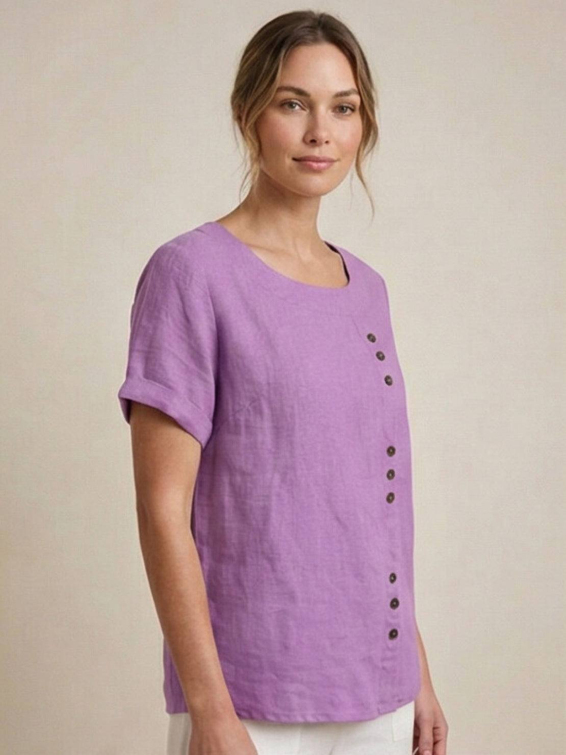 Linned Top Dame med Knapper – Løs Bluse med Korte Ærmer