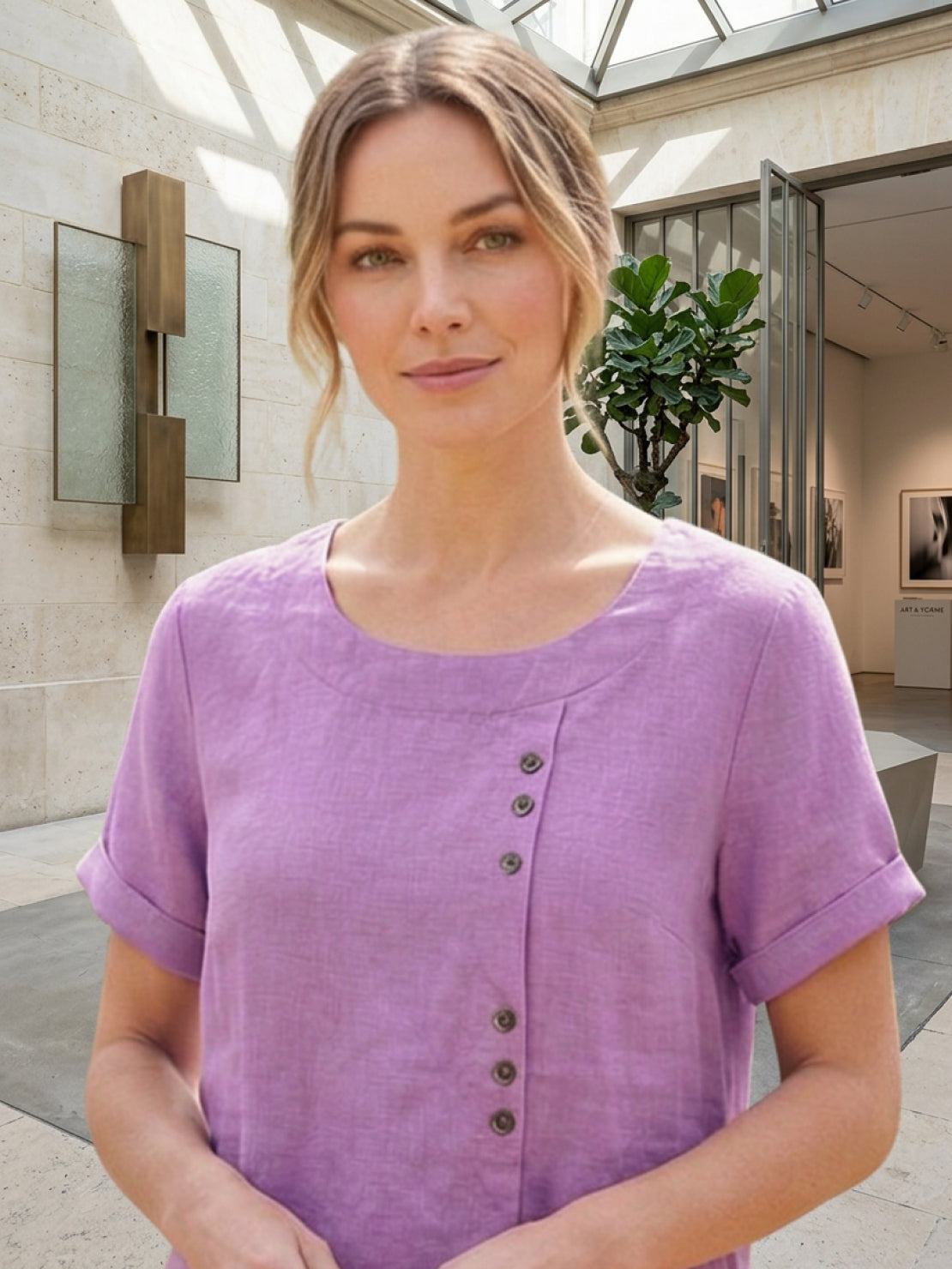 Linned Top Dame med Knapper – Løs Bluse med Korte Ærmer