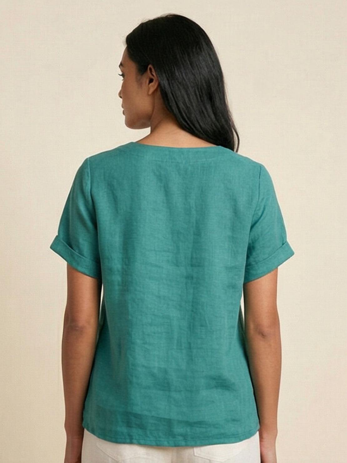 Linned Top Dame med Knapper – Løs Bluse med Korte Ærmer