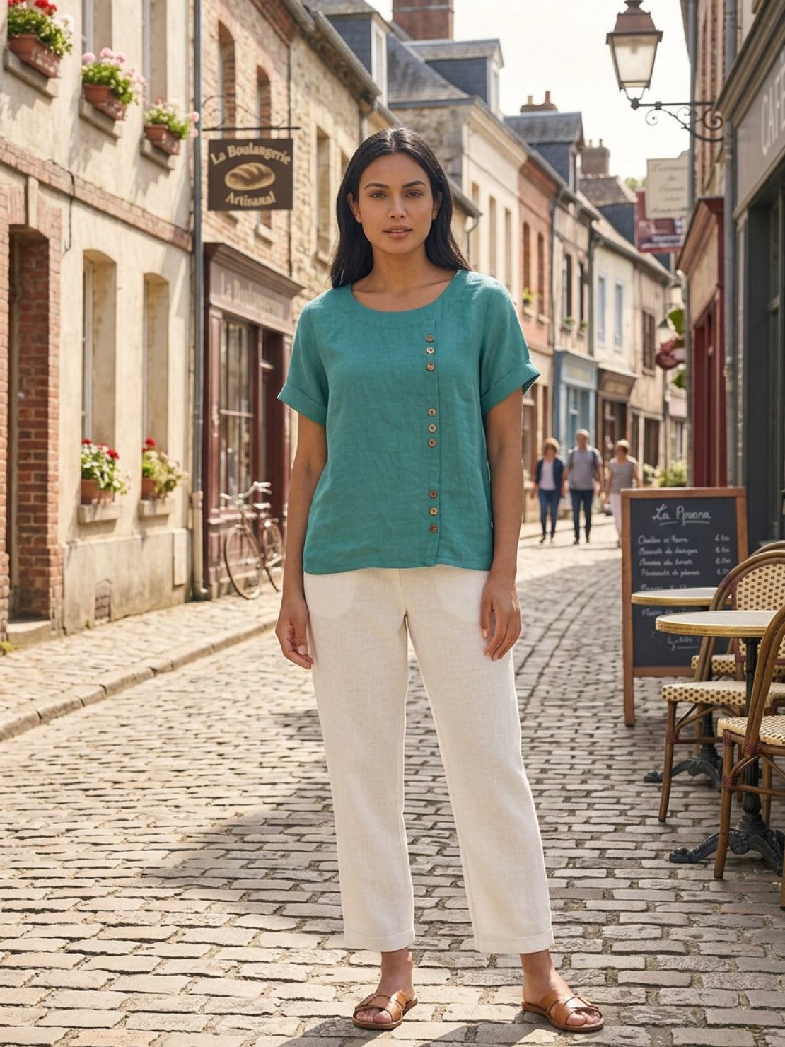 Linned Top Dame med Knapper – Løs Bluse med Korte Ærmer
