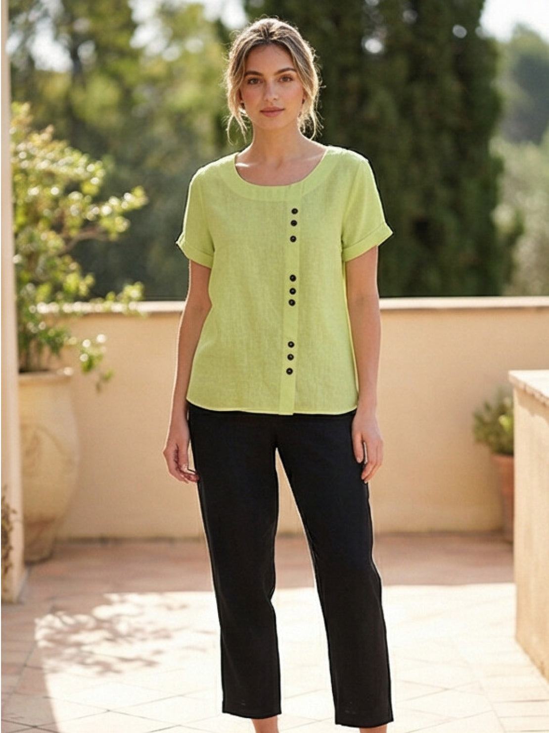 Linned Top Dame med Knapper – Løs Bluse med Korte Ærmer