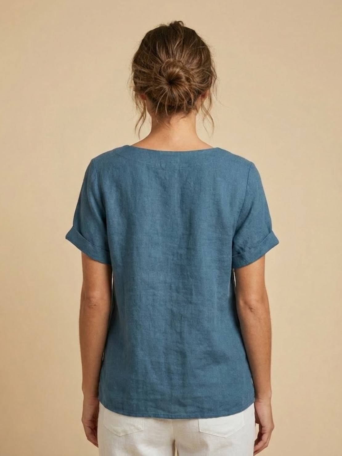 Linned Top Dame med Knapper – Løs Bluse med Korte Ærmer