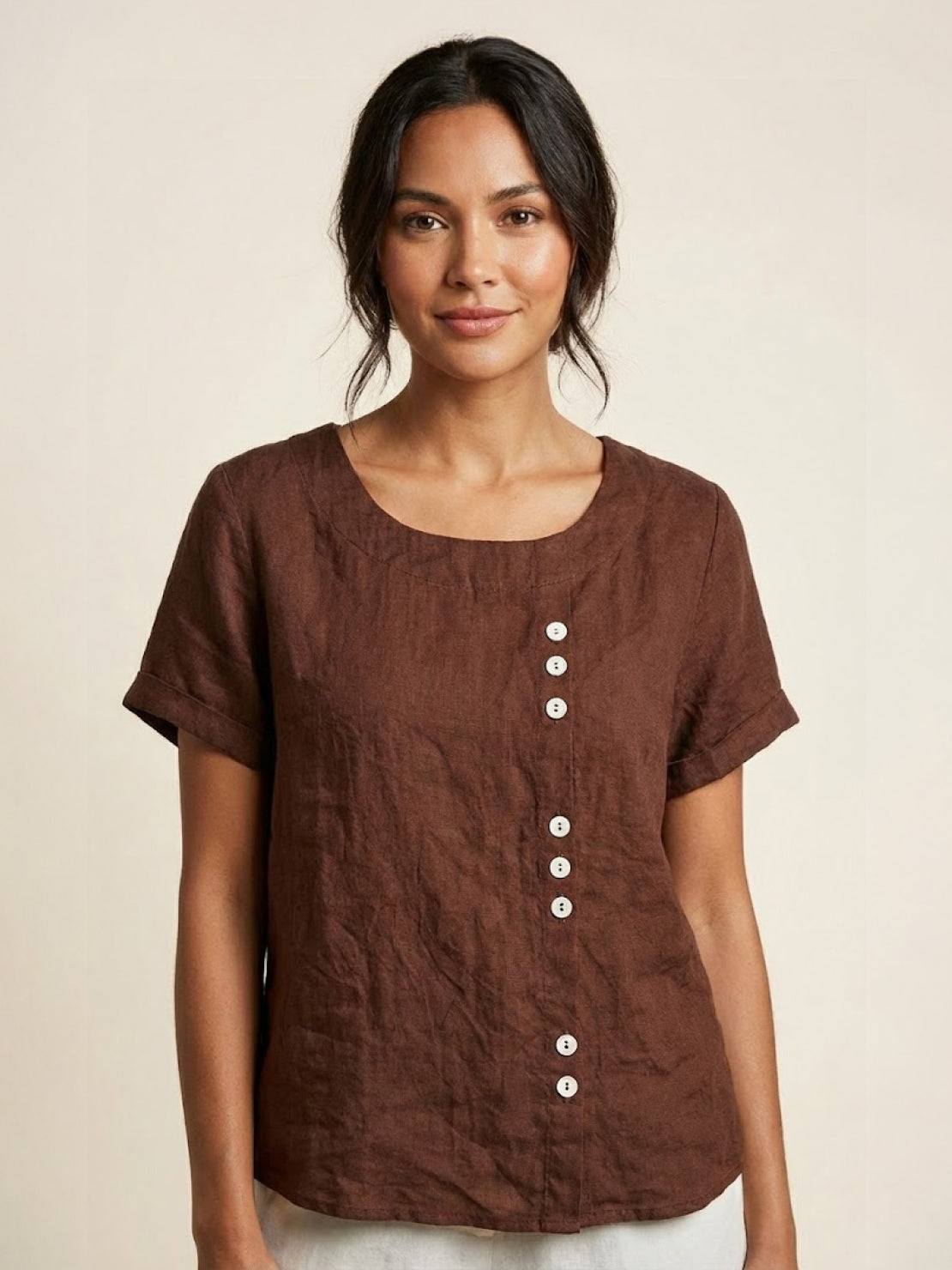 Linned Top Dame med Knapper – Løs Bluse med Korte Ærmer