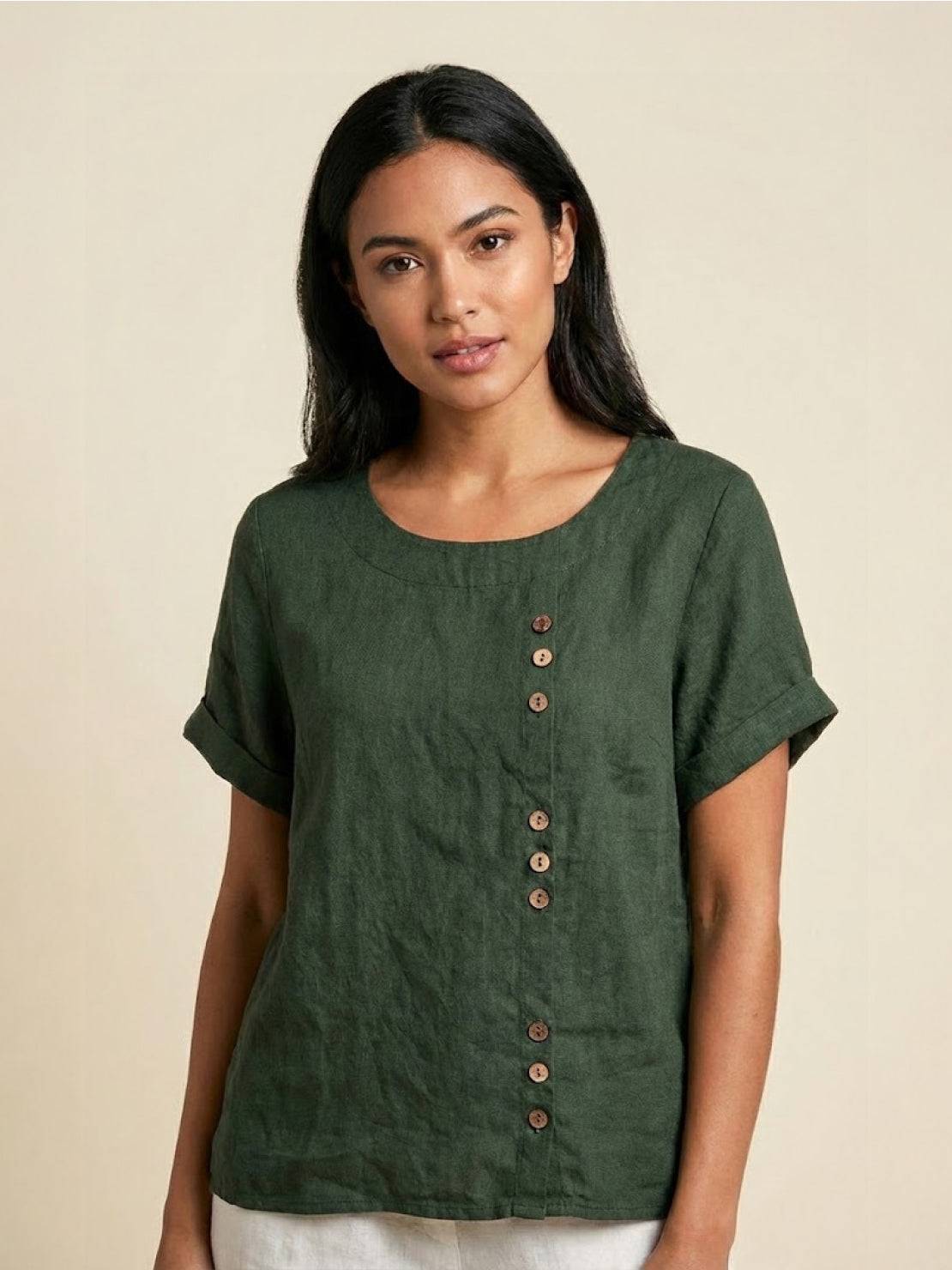 Linned Top Dame med Knapper – Løs Bluse med Korte Ærmer