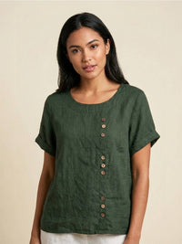 Linned Top Dame med Knapper – Løs Bluse med Korte Ærmer
