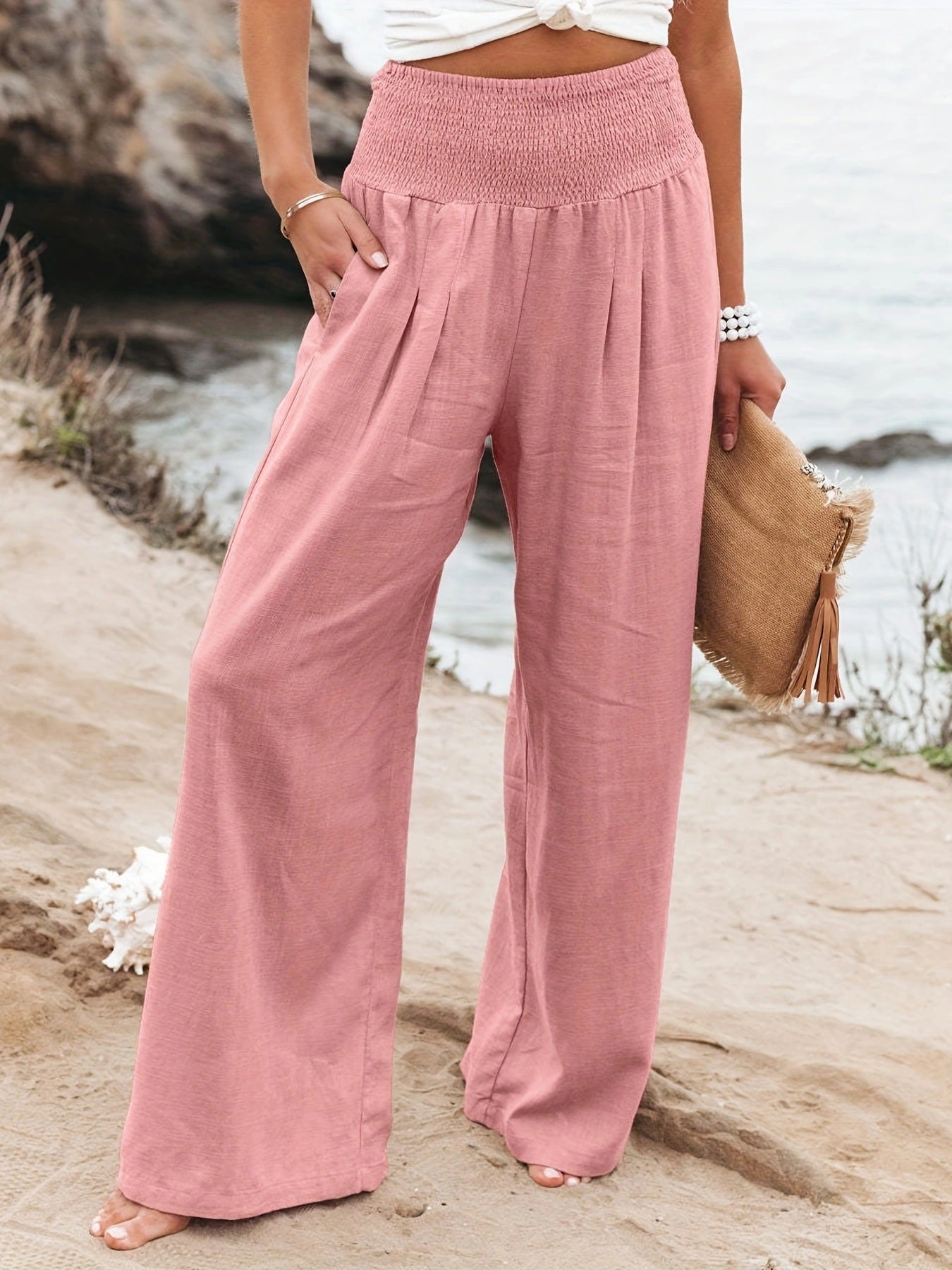 Mette | Wide Leg Bukser Dame i Hør-Look med Elastisk Smock-Talje | Åndbare Sommerbukser for Komfort og Stil 9