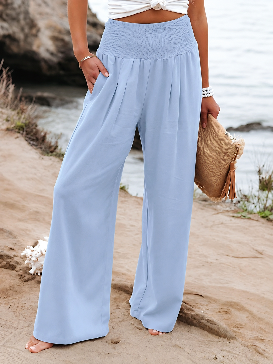 Mette | Wide Leg Bukser Dame i Hør-Look med Elastisk Smock-Talje | Åndbare Sommerbukser for Komfort og Stil 11