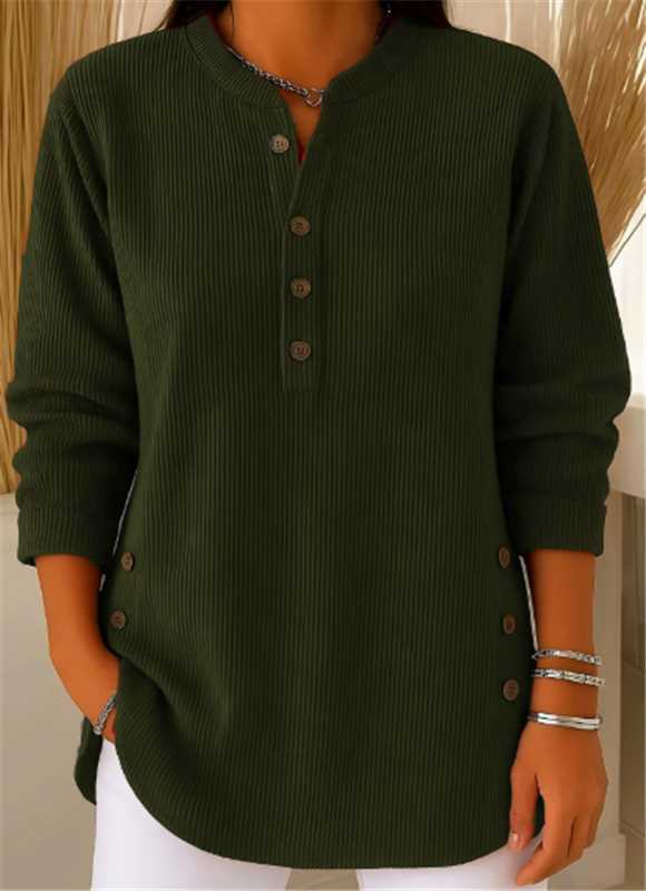 Ella Ribstrik Tunika Dame – Lang Model med Henley og Knapper