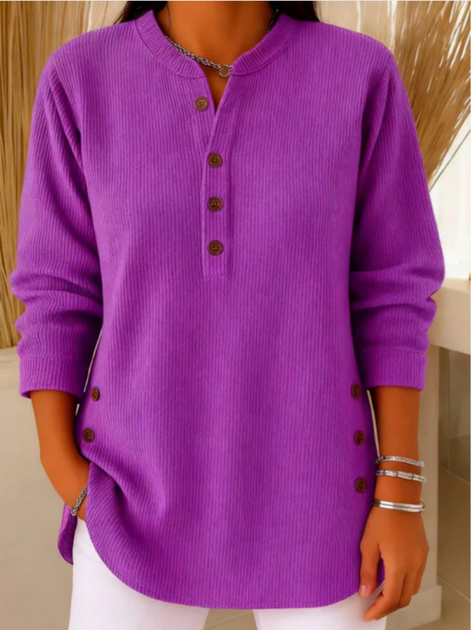 Ella Ribstrik Tunika Dame – Lang Model med Henley og Knapper