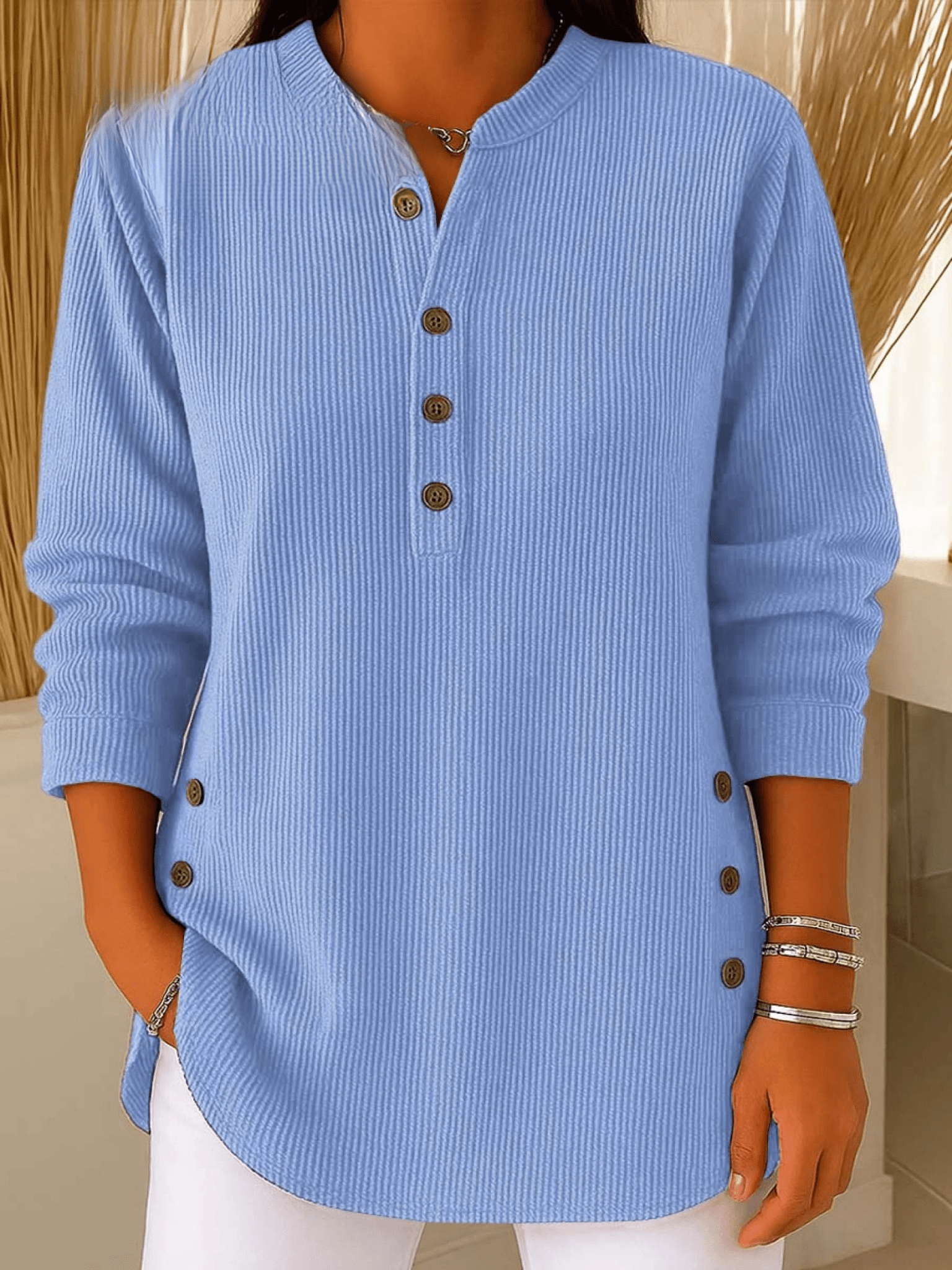 Ribbed Tunic Top Women – Henley Neckline, Side Buttons