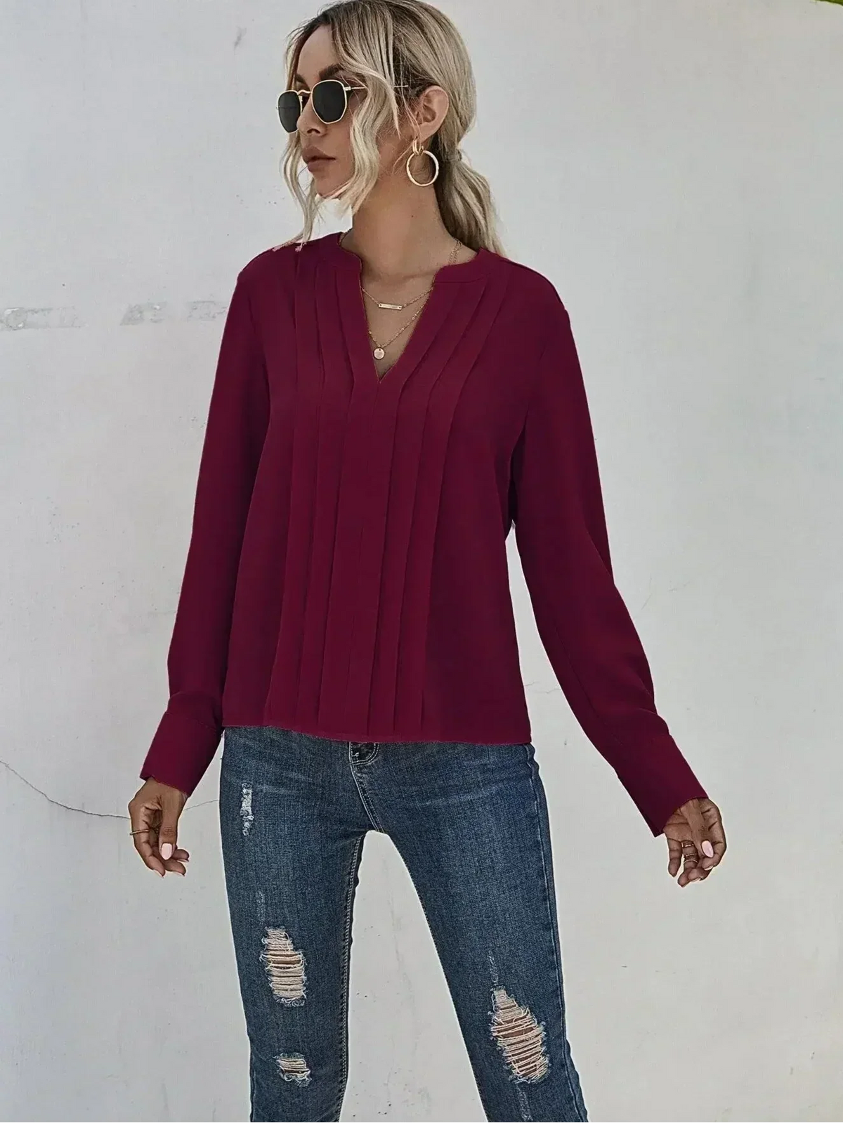 Plissébluse Dame – V-Hals Langærmet Kontorbluse