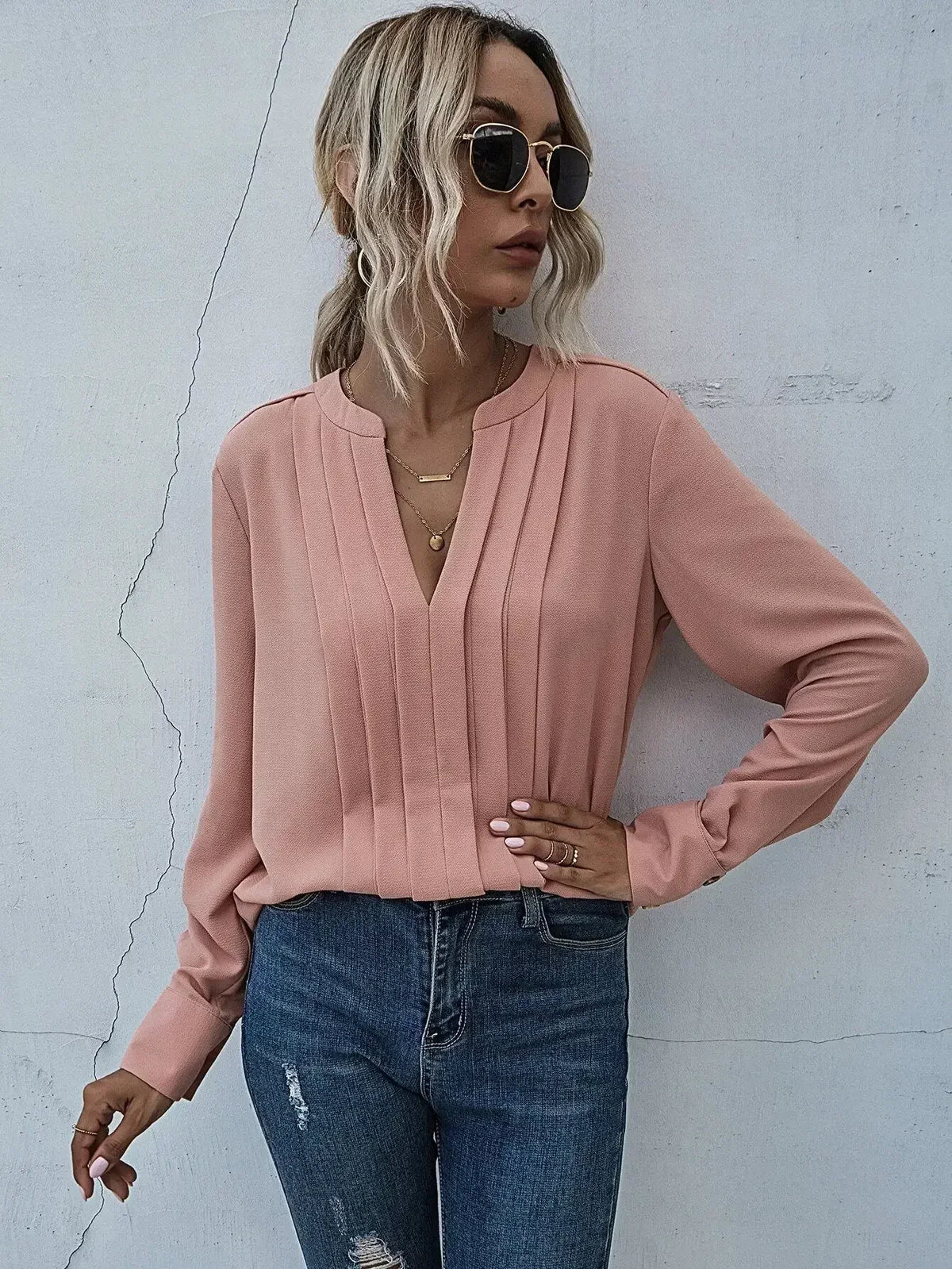 Plissébluse Dame – V-Hals Langærmet Kontorbluse