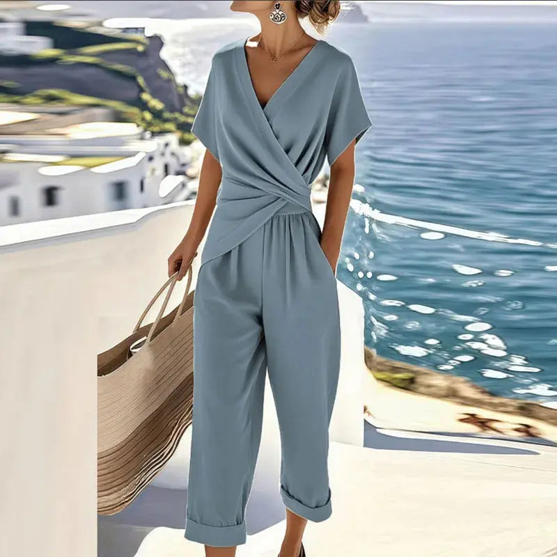 Kimberly 2-Delt Sommersæt Dame – Wrap Top og Ankellange Bukser  Panorla