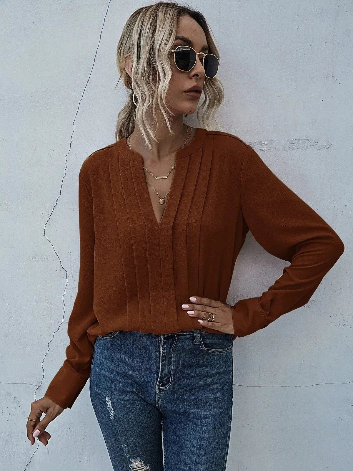 Plissébluse Dame – V-Hals Langærmet Kontorbluse