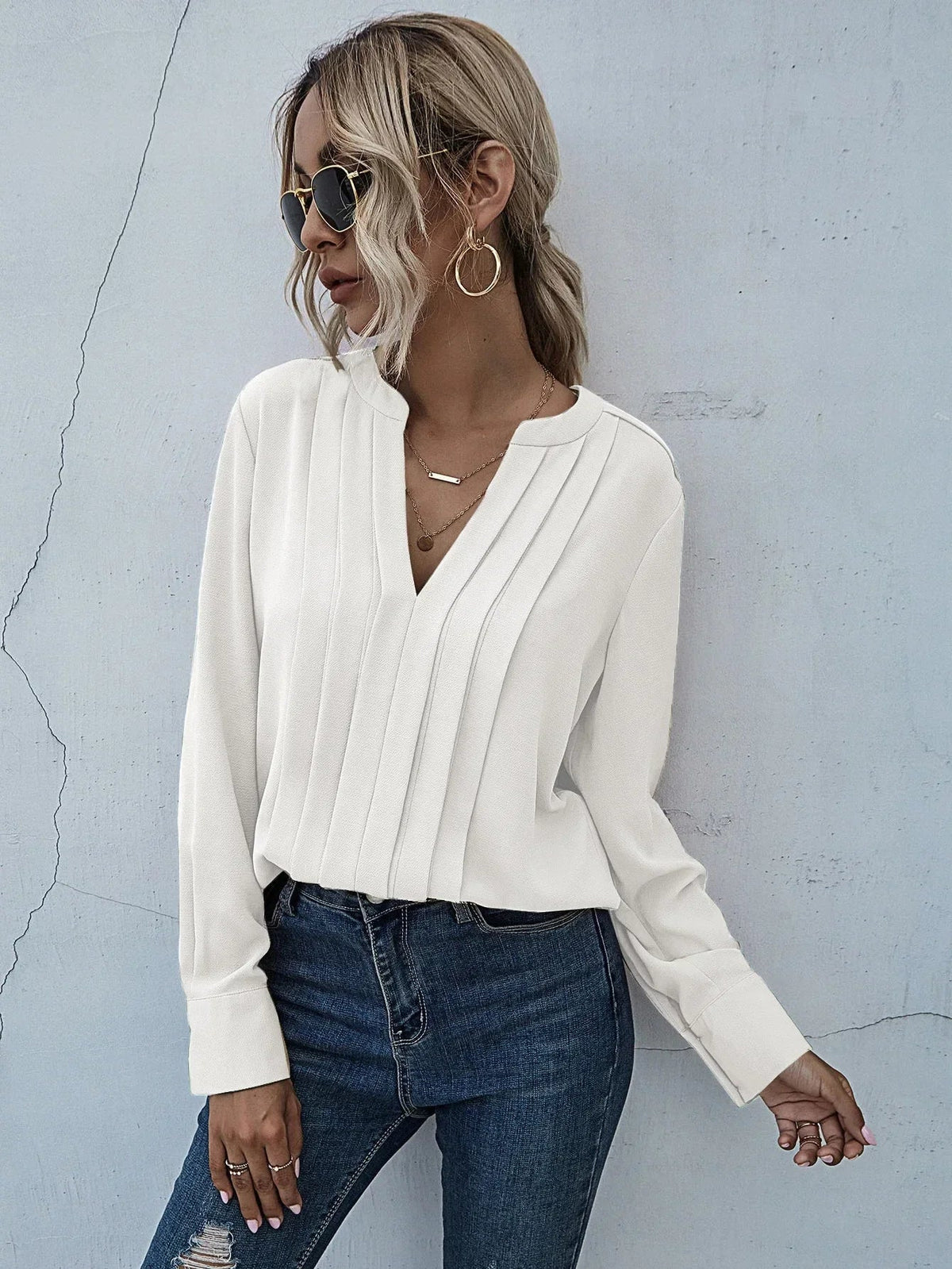 Plissébluse Dame – V-Hals Langærmet Kontorbluse