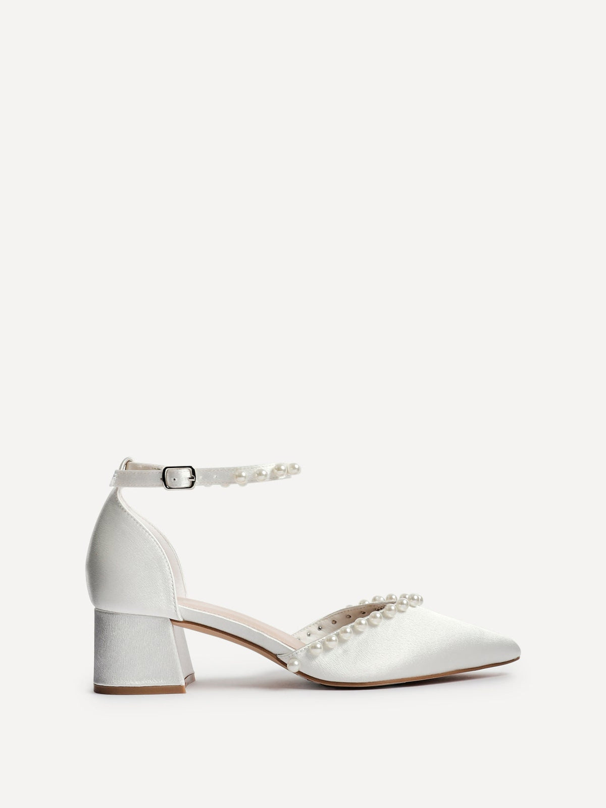 Brudesko Dame Ivory Satin – Perle Pumps med Ankelrem