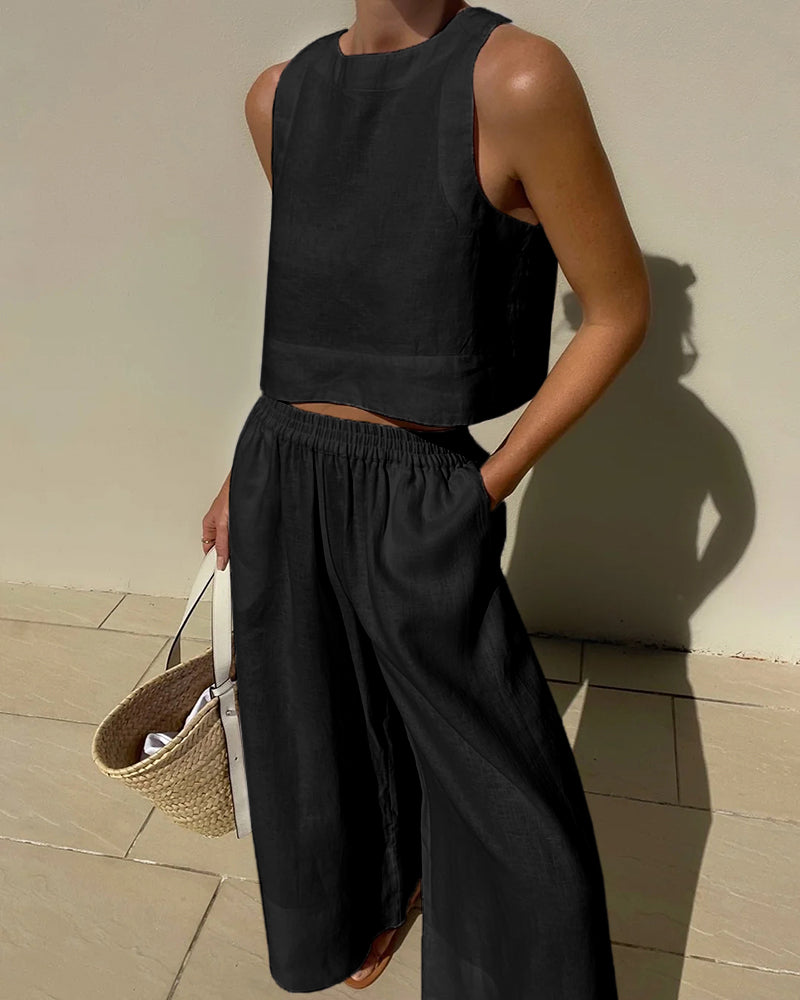 Bomuld-Hør Sæt Dame 2-Delt – Crop Top og Brede Bukser