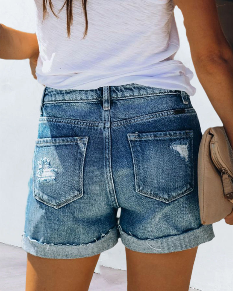 Denim Shorts Women – Button Front with Folded Hem