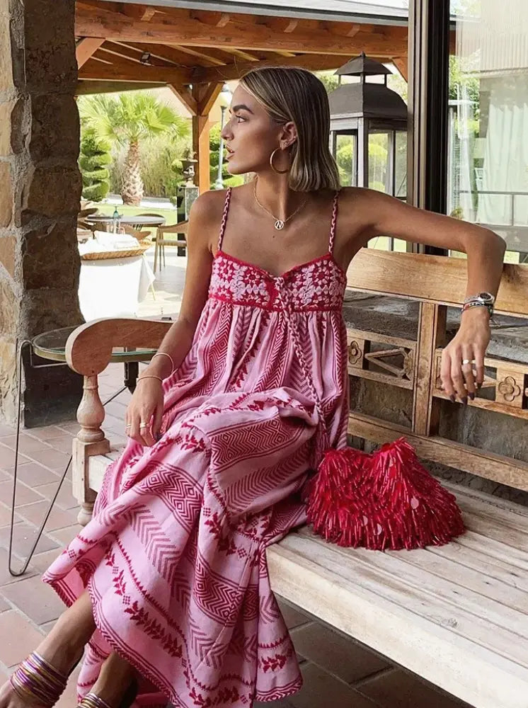 Maxi kjole dame bomuld broderet boho A-linje blomsterprint til sommer  Panorla
