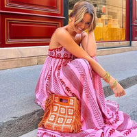 Maxi kjole dame bomuld broderet boho A-linje blomsterprint til sommer