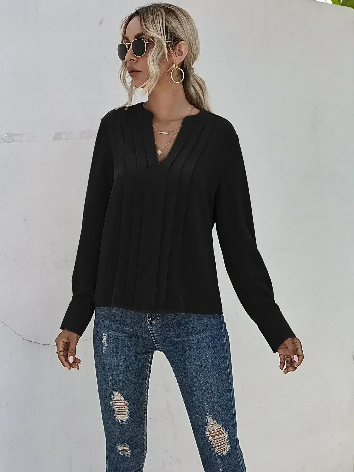 Plissébluse Dame – V-Hals Langærmet Kontorbluse