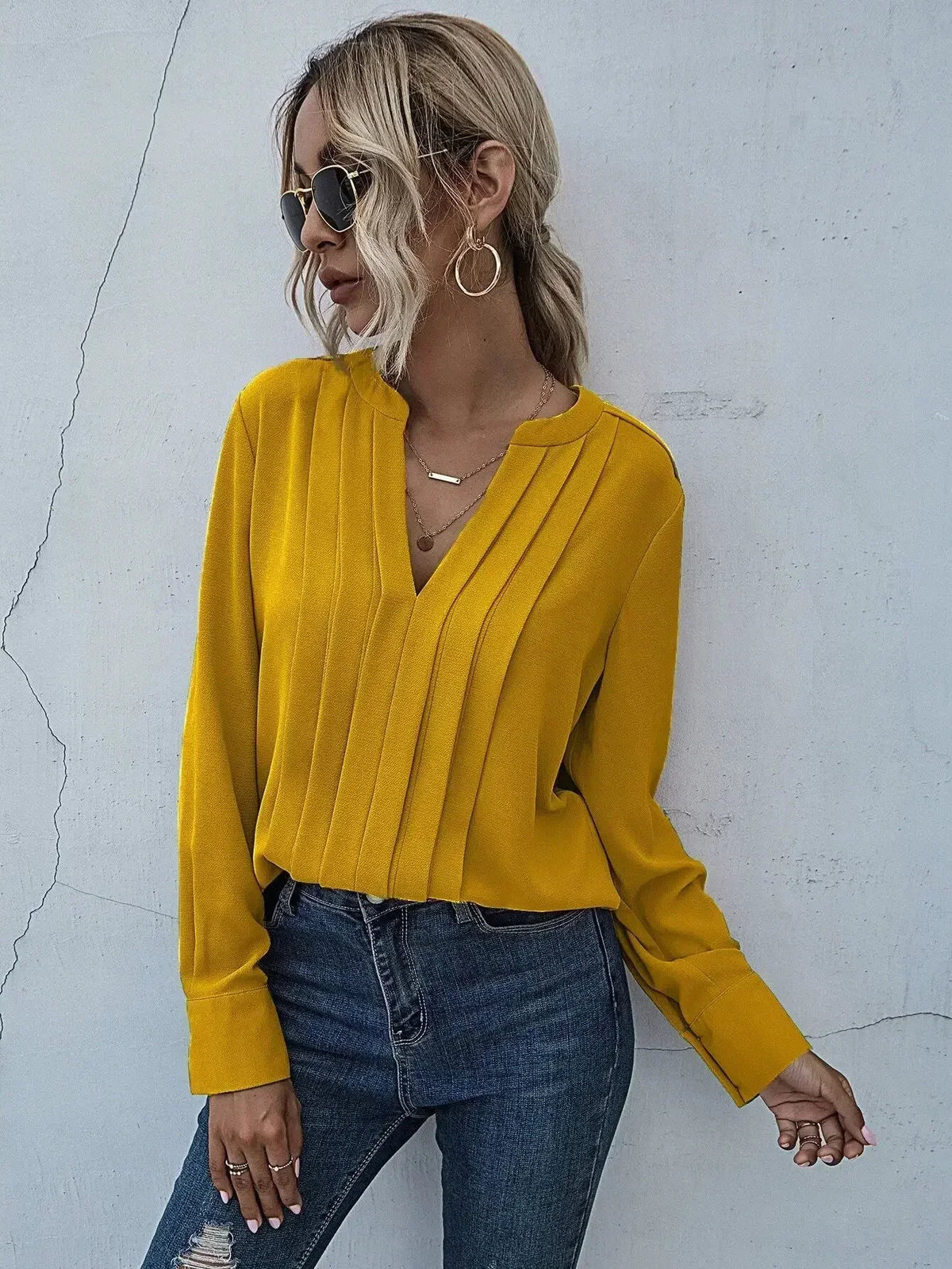 Plissébluse Dame – V-Hals Langærmet Kontorbluse