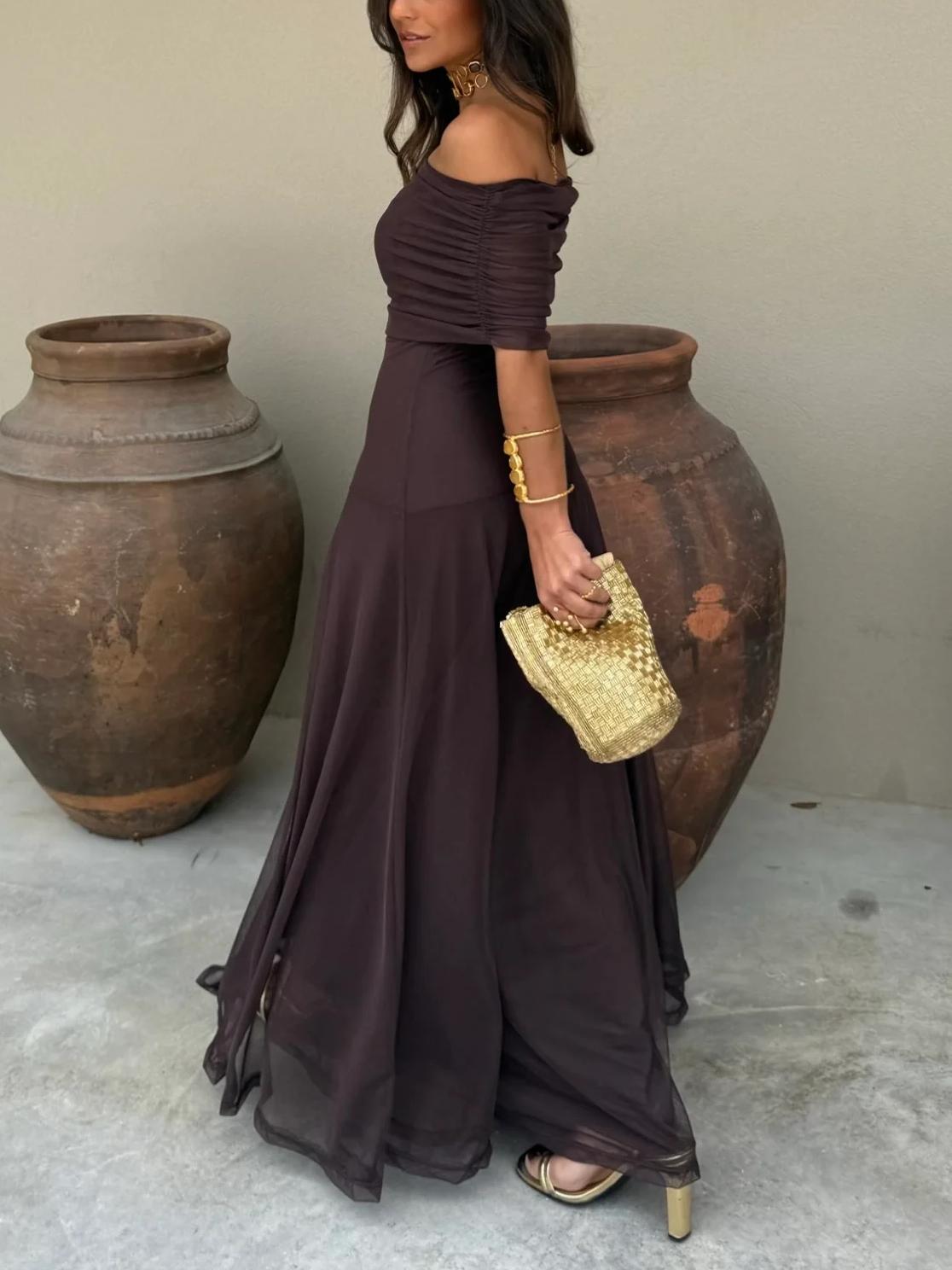 Seraphina Off-Shoulder Maxikjole Dame – Brun Chiffon Festkjole