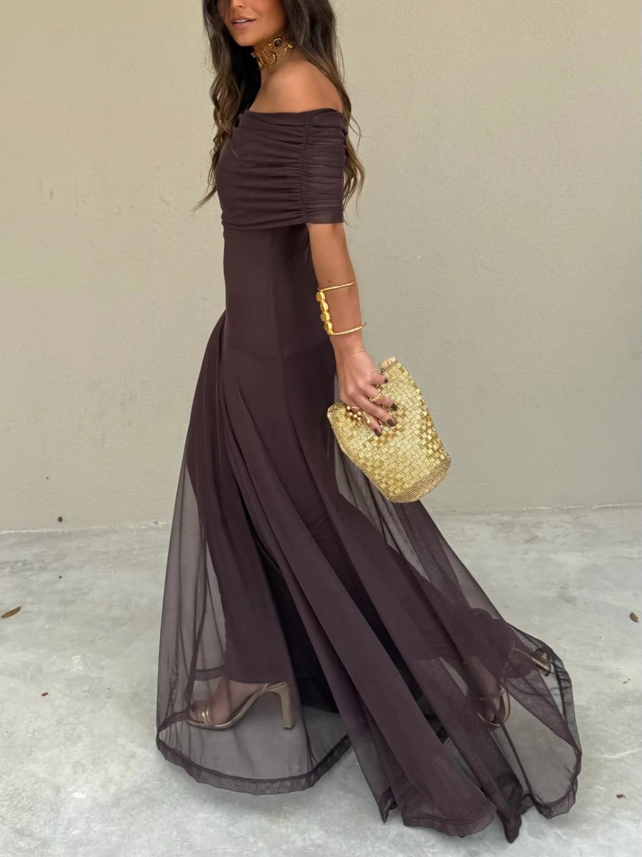 Seraphina Off-Shoulder Maxikjole Dame – Brun Chiffon Festkjole