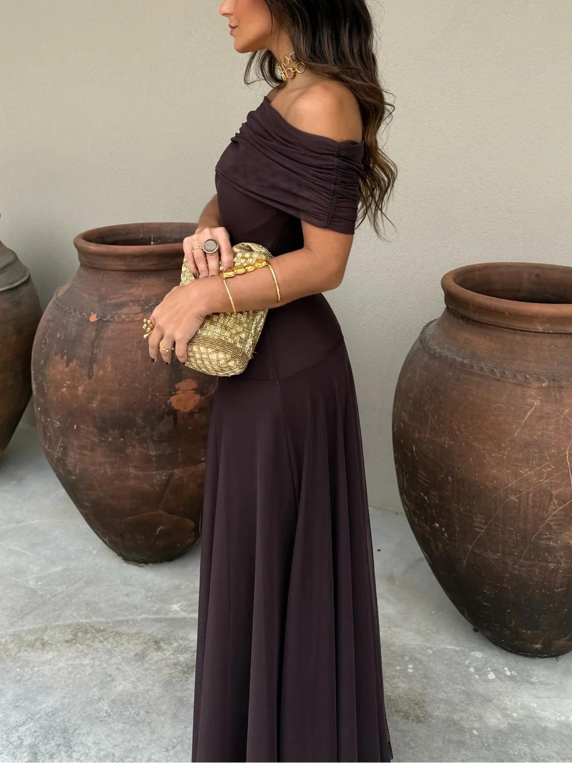Seraphina Off-Shoulder Maxikjole Dame – Brun Chiffon Festkjole
