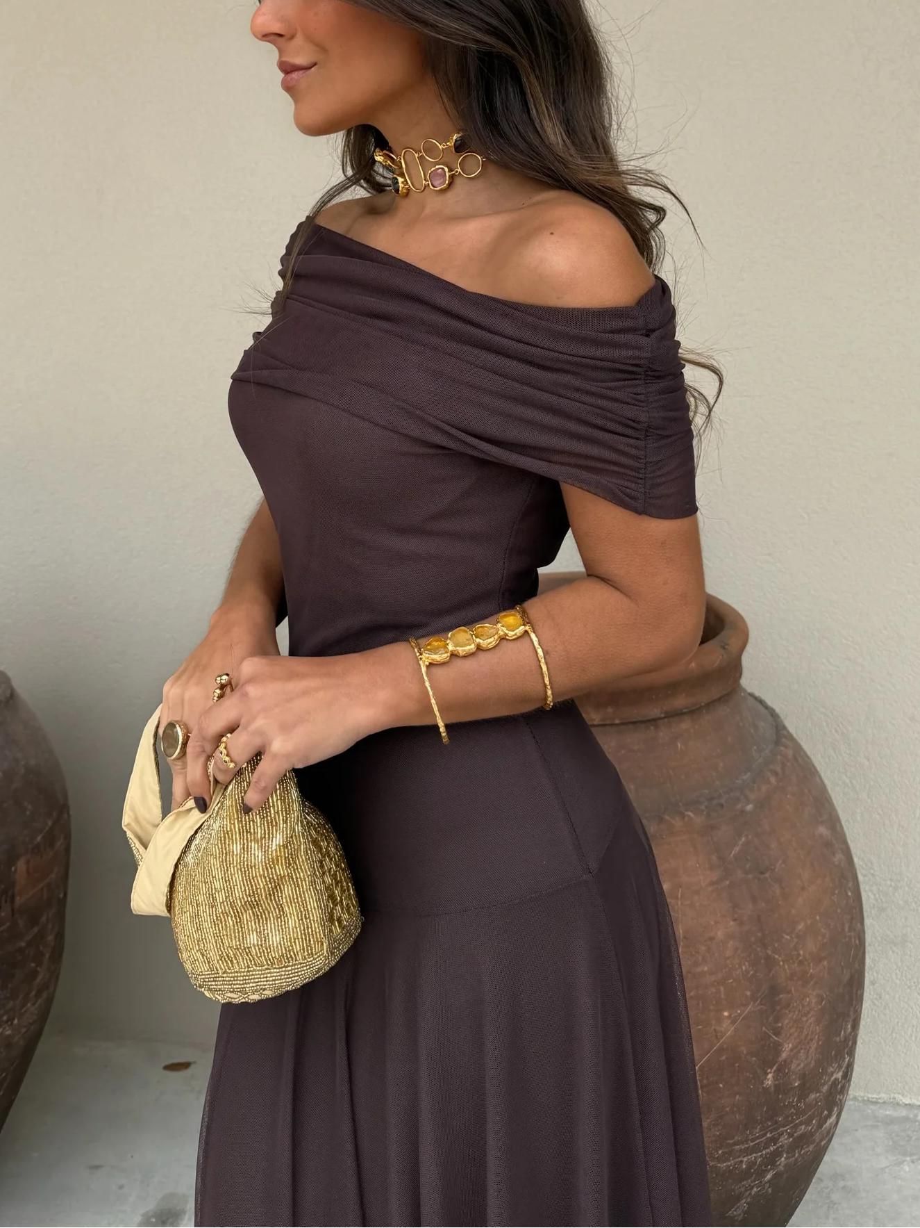 Seraphina Off-Shoulder Maxikjole Dame – Brun Chiffon Festkjole