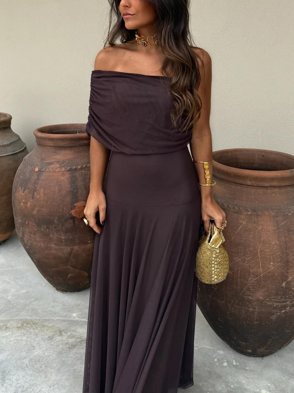Seraphina Off-Shoulder Maxikjole Dame – Brun Chiffon Festkjole