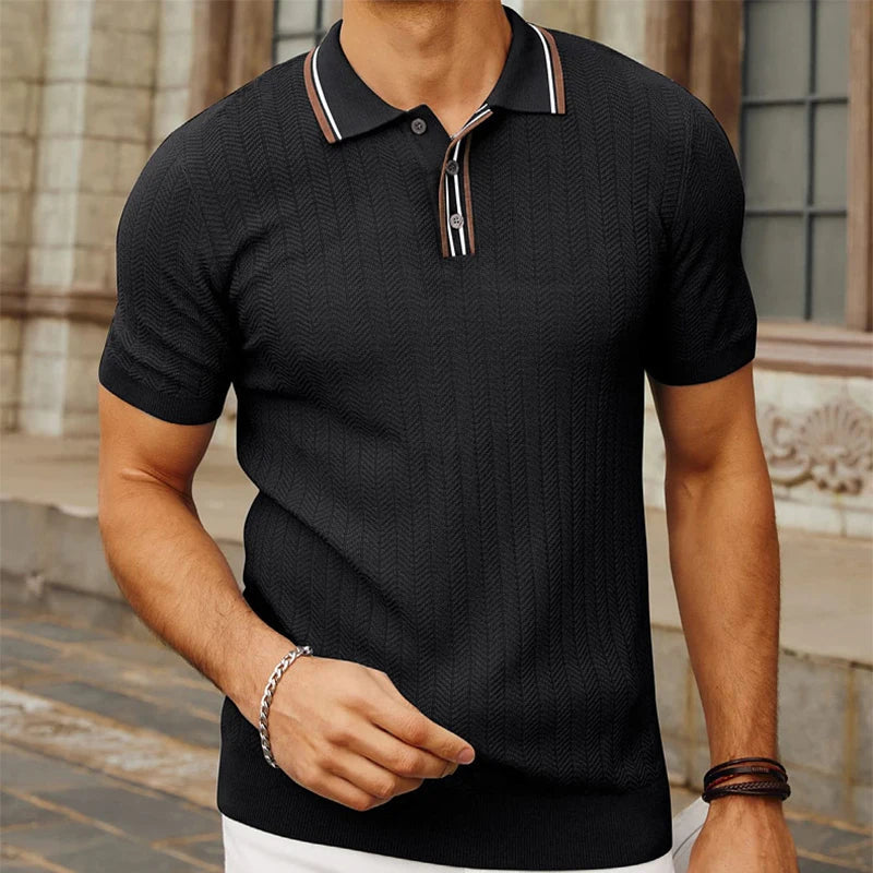 Slim Fit Strikket Polo Shirt Mænd med Stribet Krave - Komfortabel & Stilfuld 1