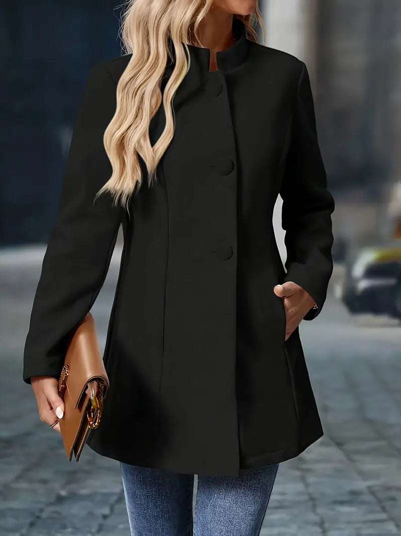 Sofia Uldlook Frakke Dame – Midilang med Ståkrave & Knapper