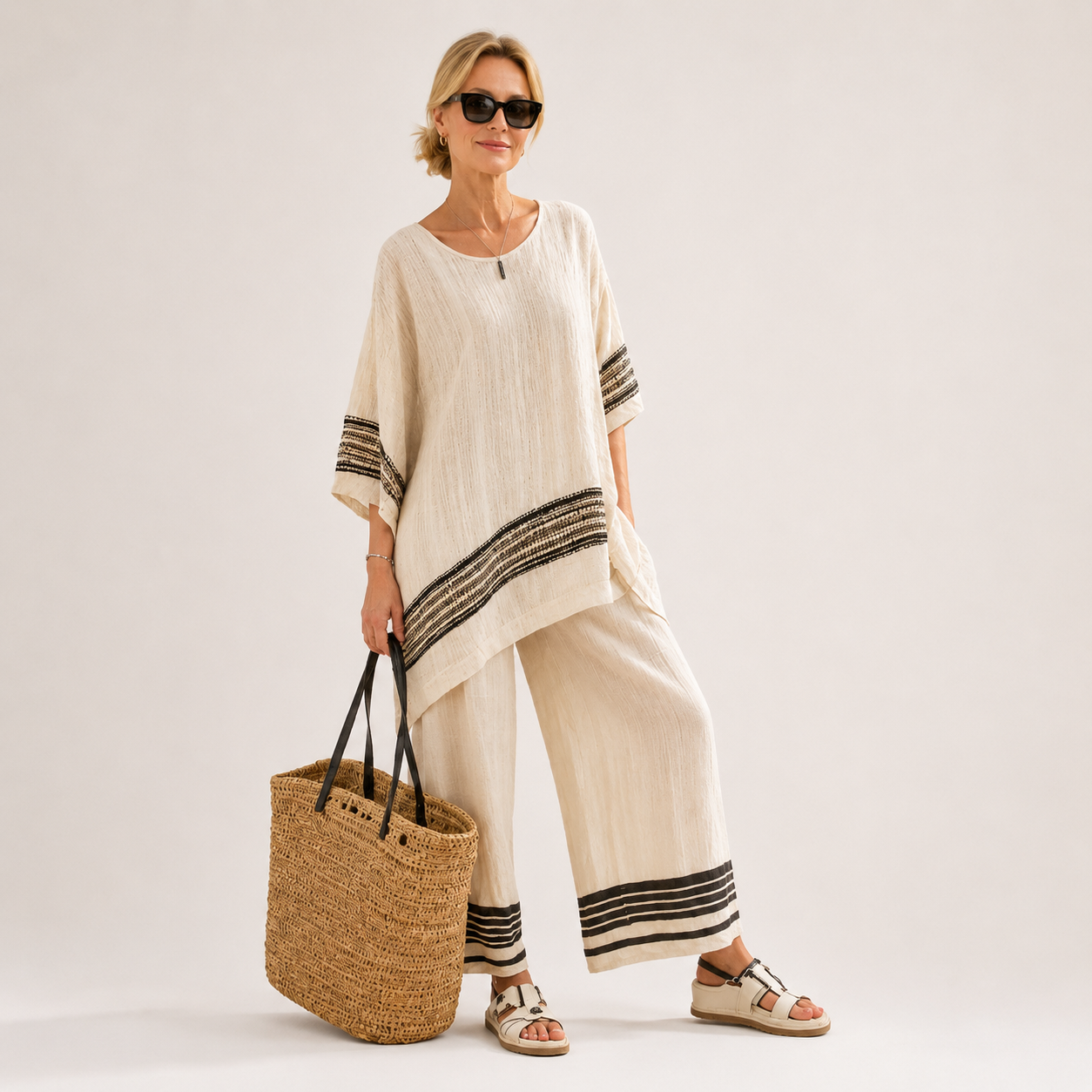 Lniany Komplet Damski 2-Częściowy w Paski – Oversize, Biały