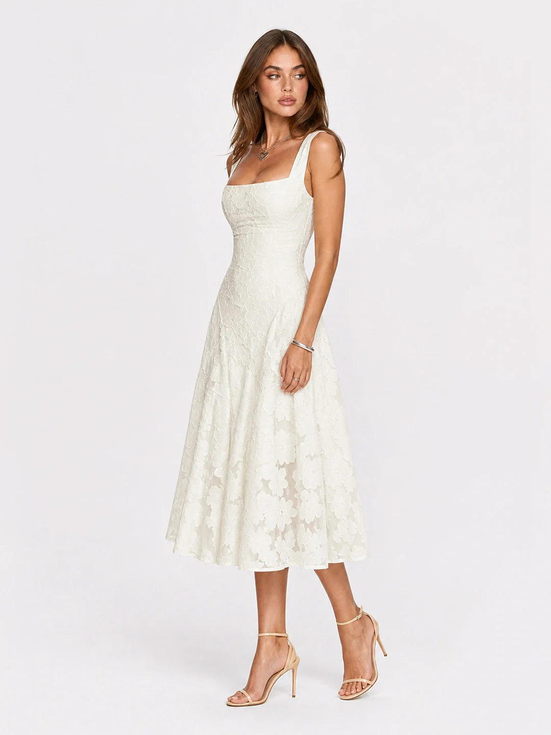 Lace Dress Women Square Neck – Floral Midi Dress with A-line Fit