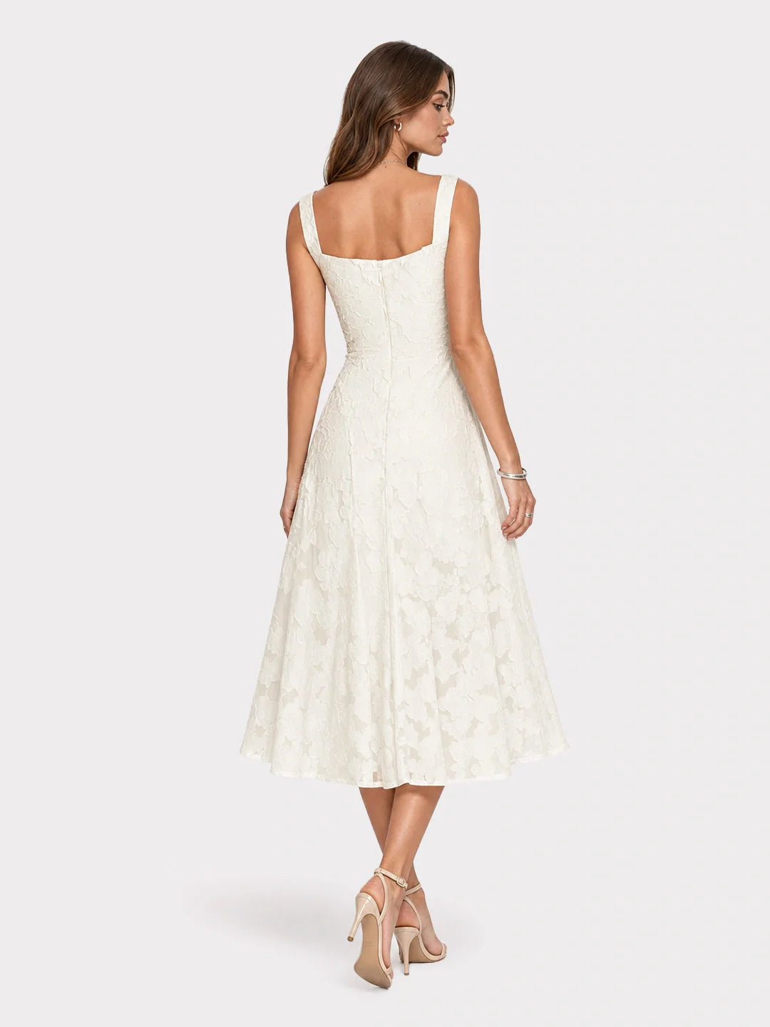 Lace Dress Women Square Neck – Floral Midi Dress with A-line Fit