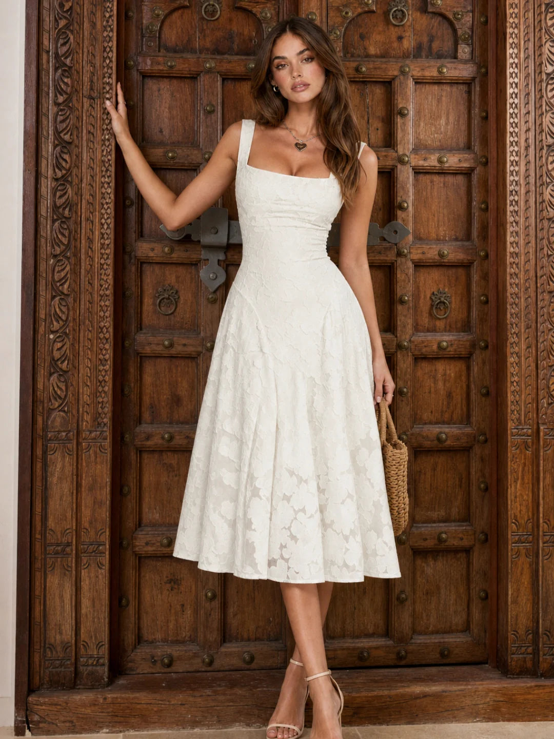 Lace Dress Women Square Neck – Floral Midi Dress with A-line Fit