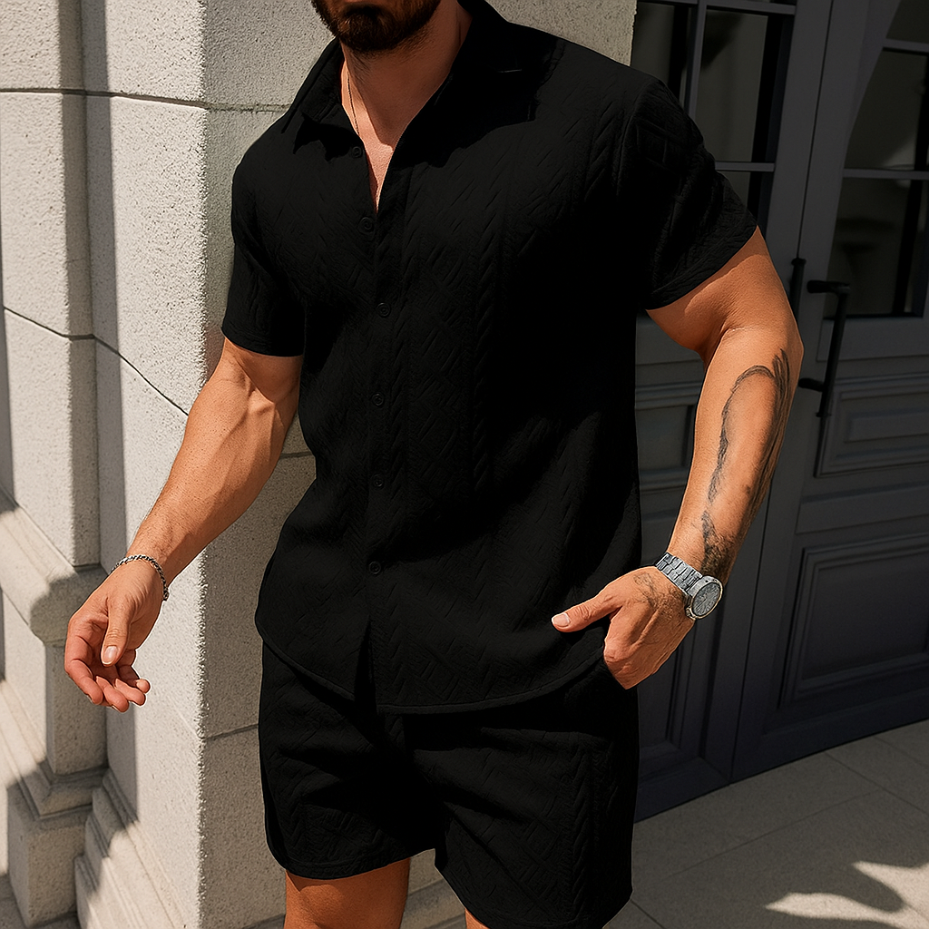 Stilfuld Herre 2-Piece Sommer Sæt - Kortærmet Skjorte & Shorts i Åndbart Materiale 2