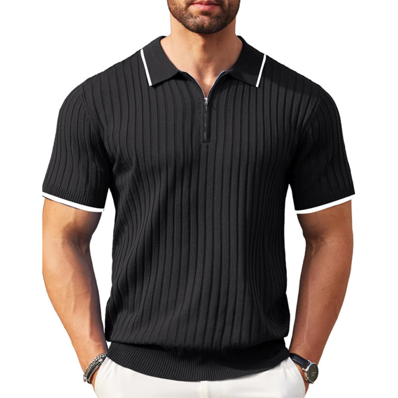 Stilfuld Herre Ribbet Kortærmet Polo T-shirt med Lynlås og Kontrastkant 0