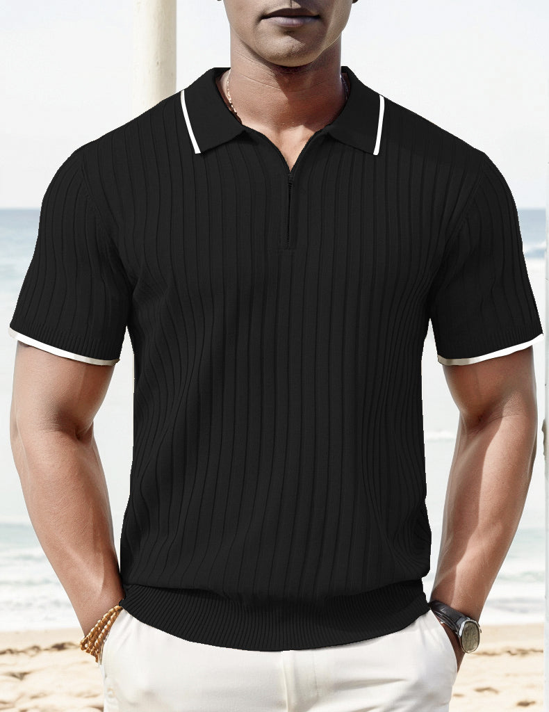 Stilfuld Herre Ribbet Kortærmet Polo T-shirt med Lynlås og Kontrastkant 1