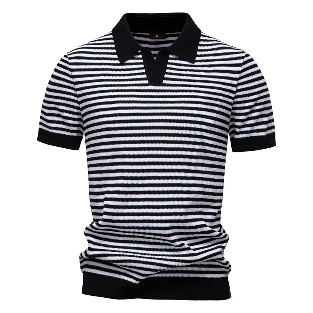 Stilfuld Polo T-Shirt Mænd - Stribet Design med V-Hals og Kortærmer 0