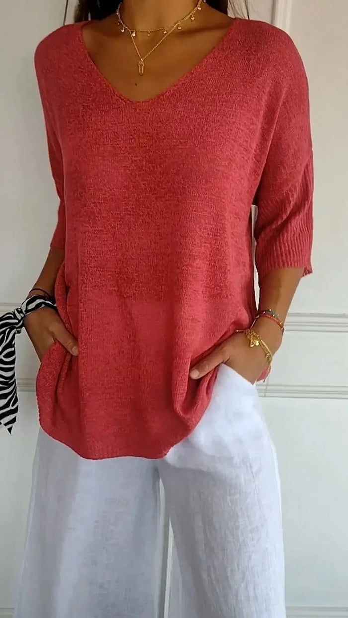 V-Neck Knit Top Women – Loose Fit with 3/4 Sleeves
