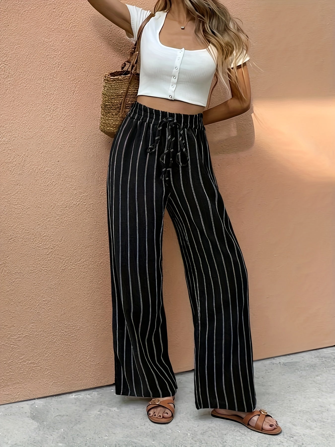 Thea | Stribede Wide Leg Bukser med Elastisk Snøretalje | Let Hør-Look til Sommerkomfort 3