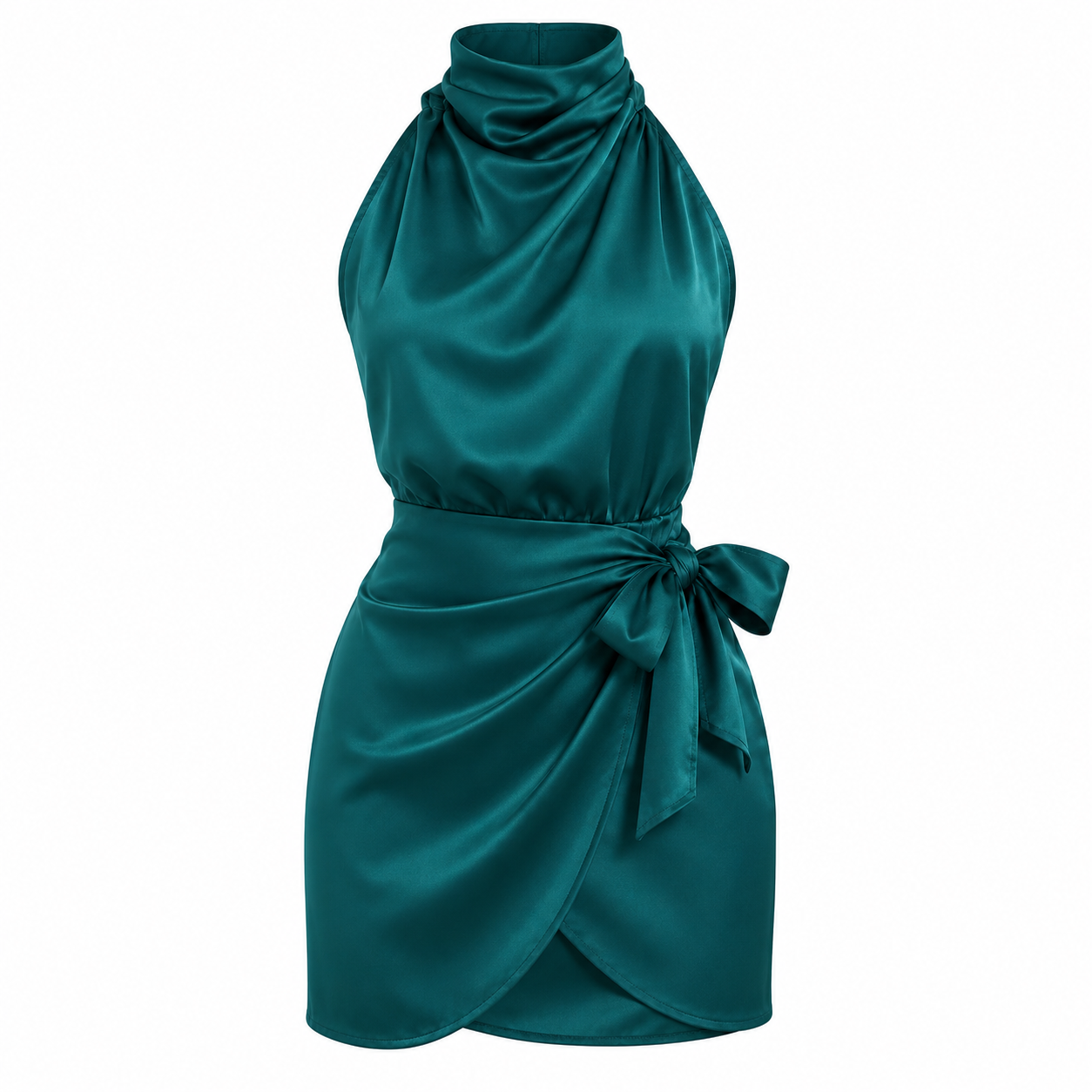 Satin Minikjole Dame – Halterneck Festkjole med Bindebælte