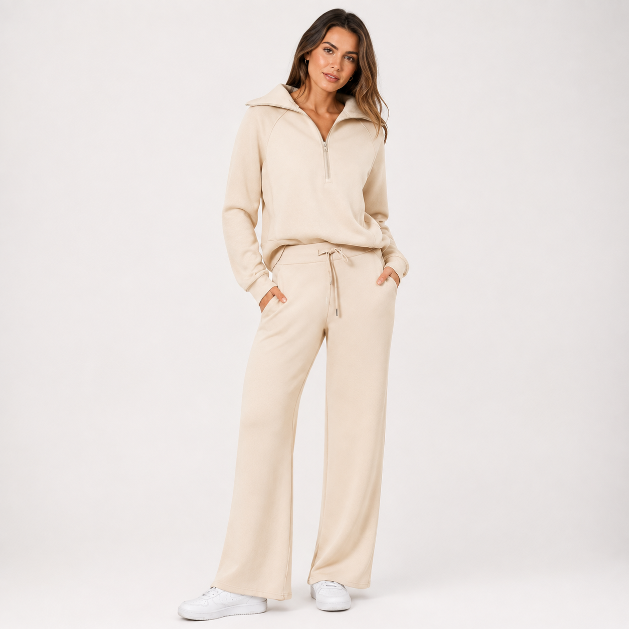 Fleece Hjemmesæt Dame 2-Delt – Kvartlynlås Hoodie og Vidben Bukser